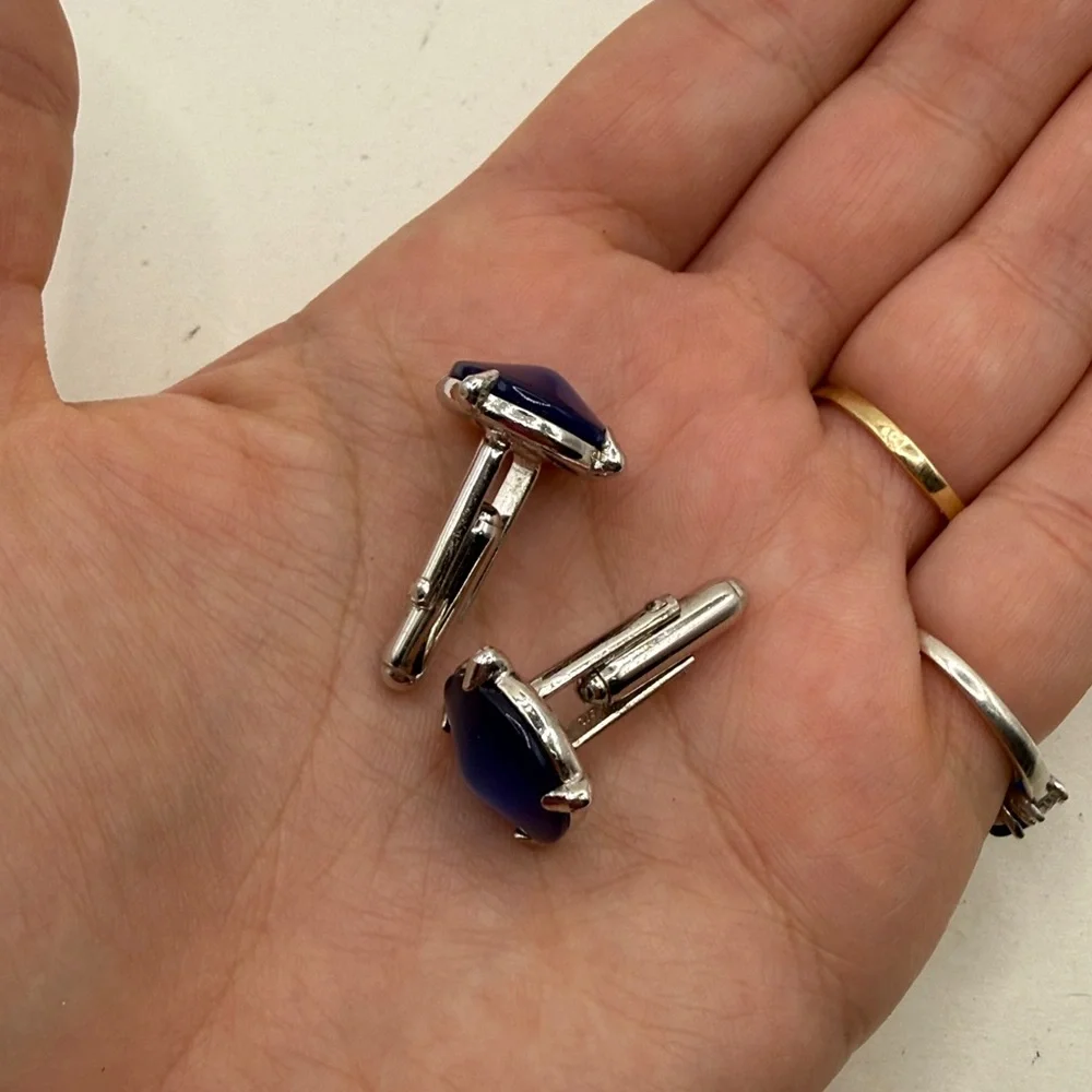 Vintage Anson Round Purple Blue Silver Tone Cufflinks